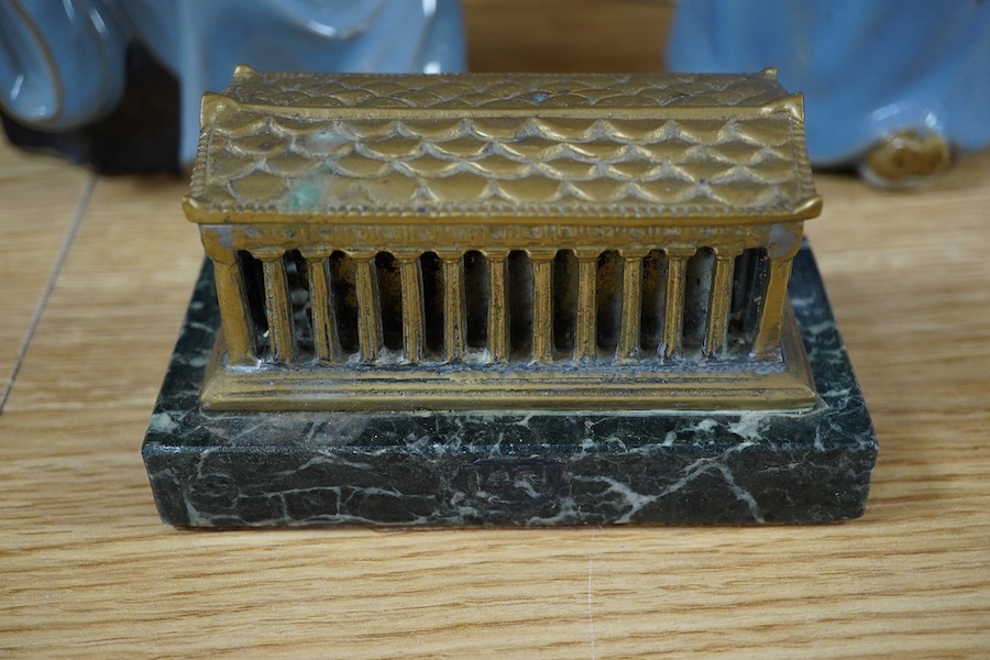 Four Chinese Sage figures and a metal model of the Parthenon, tallest 32cm. Condition - fair